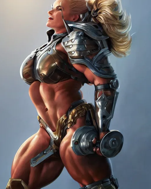 Image similar to full figure ultra realistic illustration, margot robbie as thick female bodybuilder knight zarya from overwatch smiling with closed eyes wearing thin armour, intricate, elegant, highly detailed, digital painting, artstation, concept art, smooth, sharp focus, illustration, art by artgerm and greg rutkowski and alphonse mucha