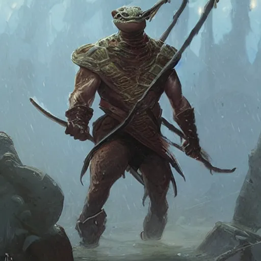 Image similar to anthropomorphic turtle hero, greg rutkowski