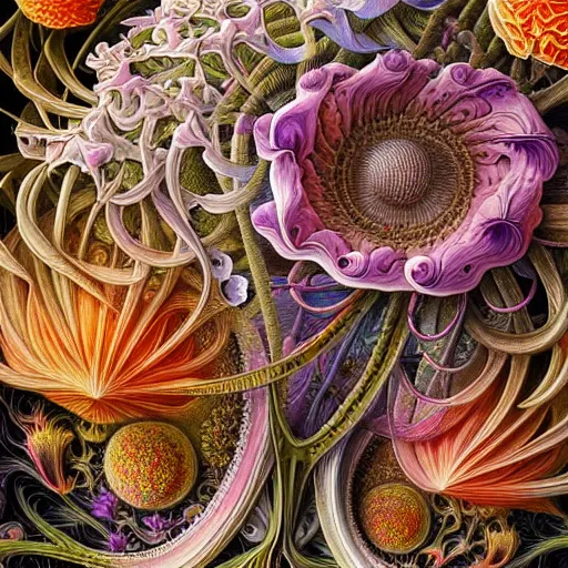 Prompt: an ultra hd detailed painting of many different types of flowers by Android Jones, Earnst Haeckel, James Jean. behance contest winner, generative art, Baroque, intricate patterns, fractalism