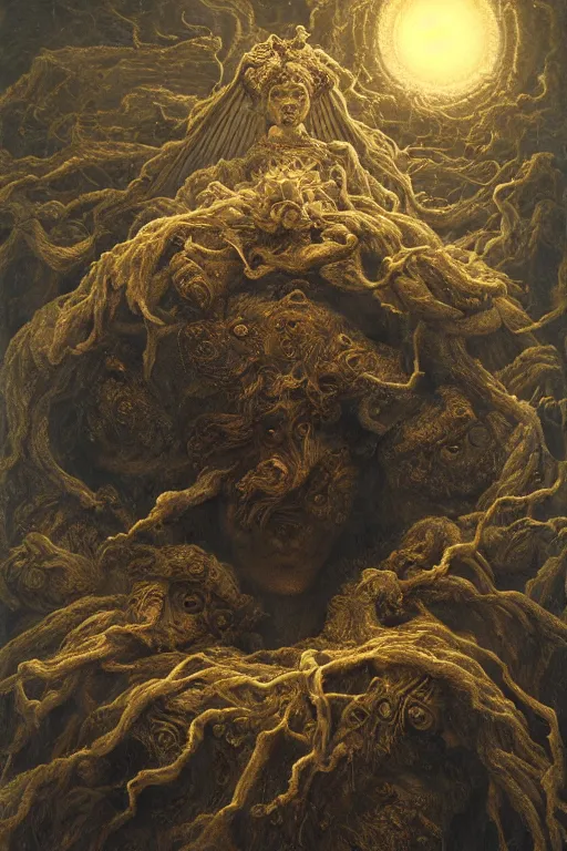 Image similar to Intricate stunning highly detailed deity by agostino arrivabene, surreal, digital painting, ultra realistic, Horror vacui, dramatic lighting, full moon, ravens, thick black swirling smoke tornado, burning fire embers, artstation