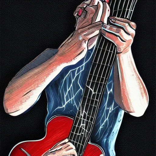 Image similar to a guitarist playing so intensely there is electricity shooting out from under his finger tips and freboard, amazing ditial art, trending on artstation, featured on deviantart