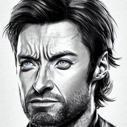 Image similar to portrait of hugh jackman as bucky barnes from the avengers infinity war, character concept art, hyperrealistic, detailed, accurate illustration, dramatic lighting,