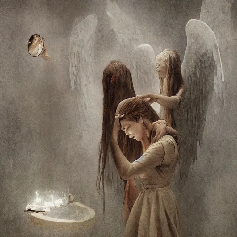 Image similar to angel watching mirror, 3 d render, esao andrews, surrealism, greg rutkowski