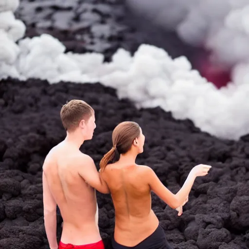 Image similar to young couple taking a bath in lava, volcanic eruptions in the background