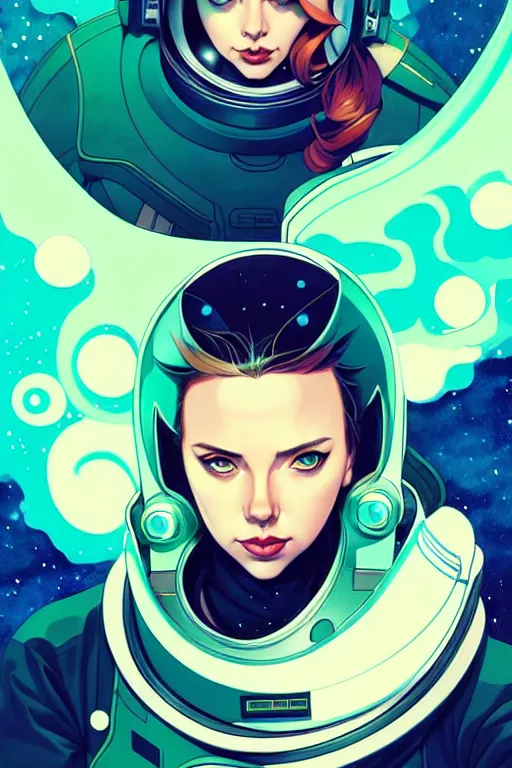 Image similar to style artgerm, joshua middleton, illustration, scarlett johansson as space astronaut wearing green pelt light armor, anime eyes, blue hair, swirling water cosmos, fantasy, dnd, cinematic lighting