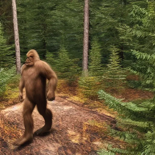 Prompt: Bigfoot walking through the forest, trailcam footage, 4K details
