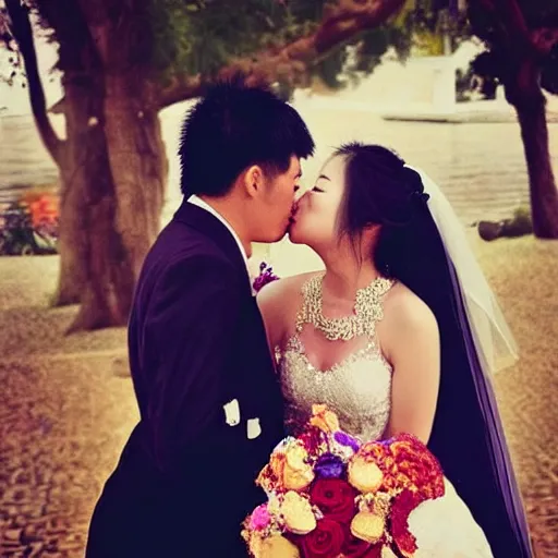Prompt: “wedding photo, a couple kissing, in love, asian and western fusion, high definition, high quality”