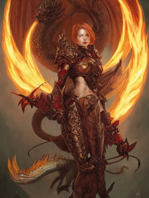 Prompt: full body portrait of dragon master lady, taned skin, red eyes, wild ginger hair, draconic looking armor, symmetric wings, firebreathing, high fantasy, dnd, highly detailed, smooth, sharp focus, illustration, by artgerm, greg rutkowski, alphonse mucha