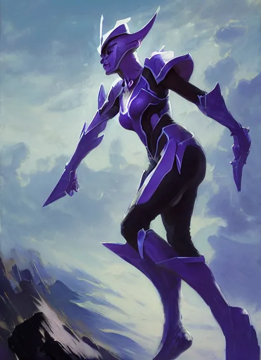 Image similar to Greg Manchess painting of Syndra from League of Legends wearing Forerunner Armor from Halo, countryside, calm, fantasy character portrait, dynamic pose, above view, sunny day, thunder clouds in the sky, artwork by Jeremy Lipkin and Giuseppe Dangelico Pino and Michael Garmash and Rob Rey, very coherent asymmetrical artwork, sharp edges, perfect face, simple form, 100mm