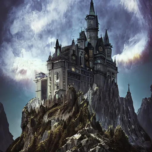 Prompt: the massive ominous fortress, towering above the pov, incredible fortress of white marble sheen and glistening, incredible heavenly aurora and art nouveau architecture heavily defended fortress by goya photography photorealistic greg rutowski artstation deviantart unsplash james gurney and tyler edin wonderland