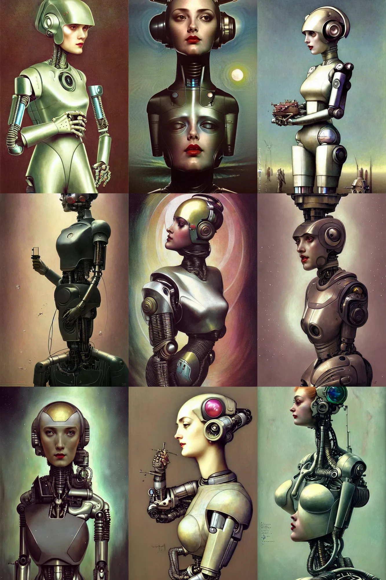 Prompt: fullbodied and portrait futurist cyborg empress, perfect future, award winning art by santiago caruso, iridescent color palette, beautiful face, by wlop and karol bak and bouguereau and viktoria gavrilenko, 1 9 5 0 s retro future robot android maid!!! muted colors
