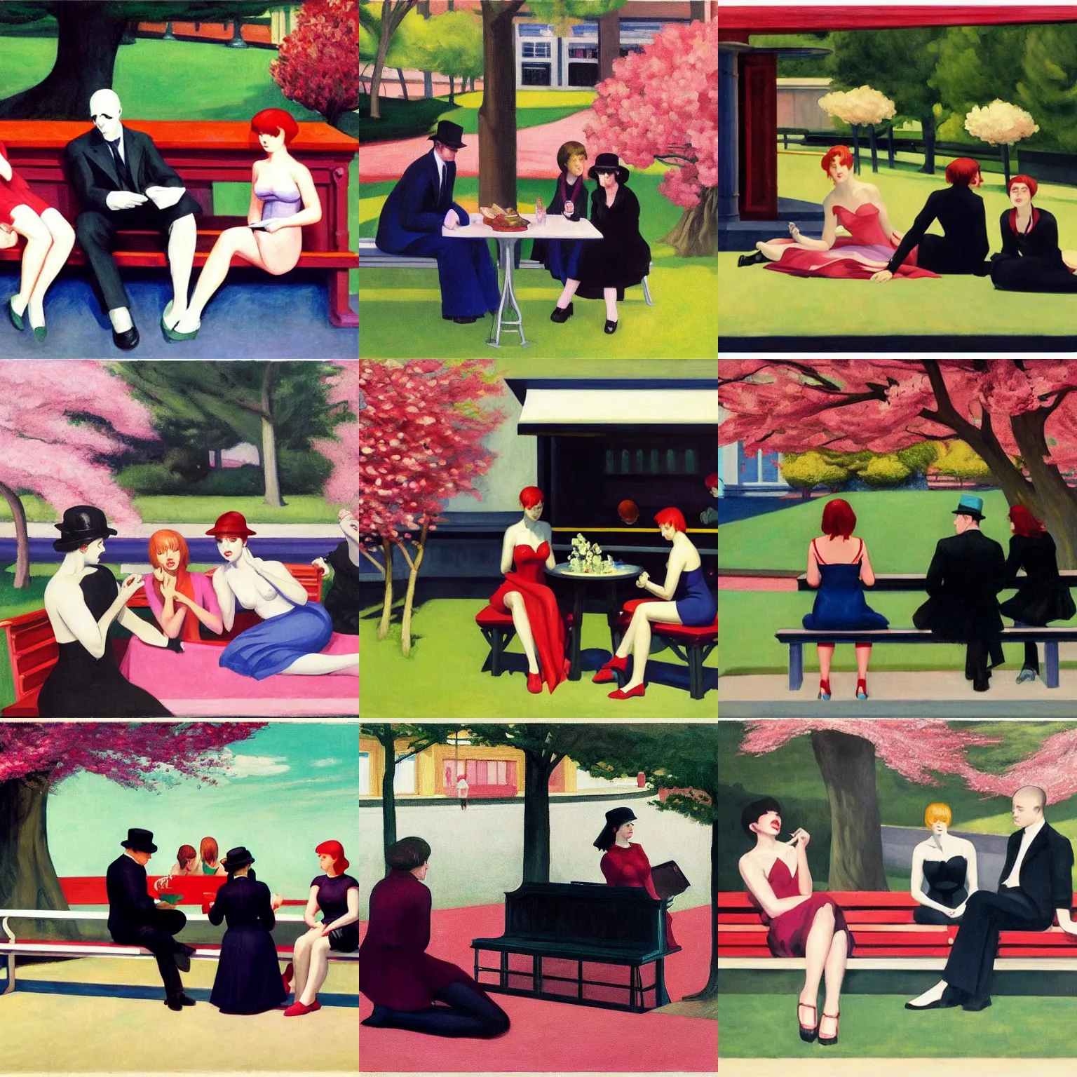 Prompt: art by edward hopper depicting three goths sitting at a picnic bench in the shade, talking beneath a cherry blossom outside a blockbuster video store.