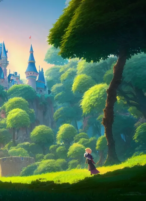 Image similar to a wholesome animation key shot, castle in the background, foliage in the foreground, studio ghibli, pixar and disney animation, sharp, rendered in unreal engine 5, anime key art by greg rutkowski, bloom, dramatic lighting