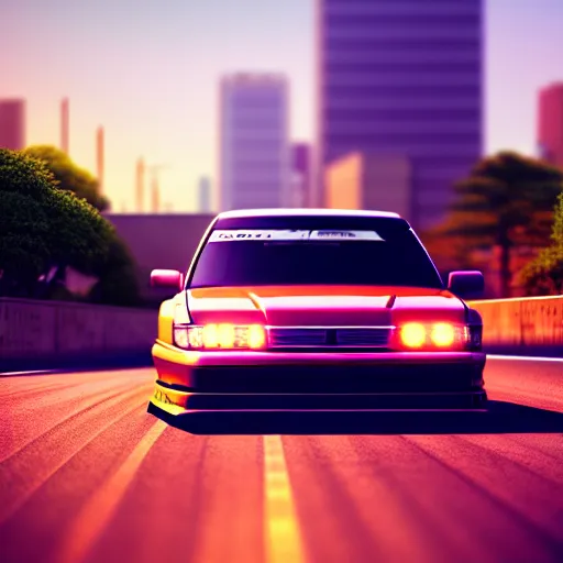 Image similar to a car drifting JZX100 in middle of road, kanagawa prefecture, city sunset, cinematic color, photorealistic, highly detailed, bokeh, DOF, octane render