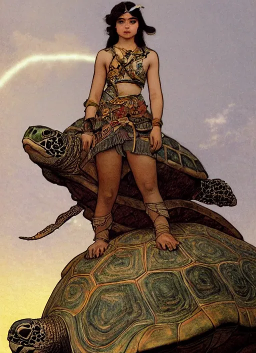 Image similar to a little warrior girl standing on top of a giant turtle in the desert. the girl has dark skin and beautiful green eyes, realistic body and a very beautiful detailed symmetrical face with long black hair. the turtle has a big wise face and closed eyes. diffuse light, dramatic landscape, fantasy illustration by mucha