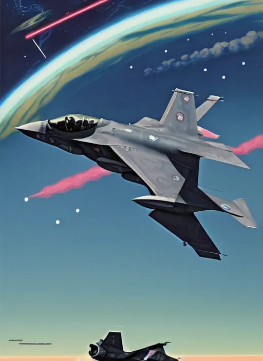 Image similar to poster artwork by michael whelan and tomer hanuka, a portrait, f 3 5 jets dogfighting in the clouds of jupiter, clean