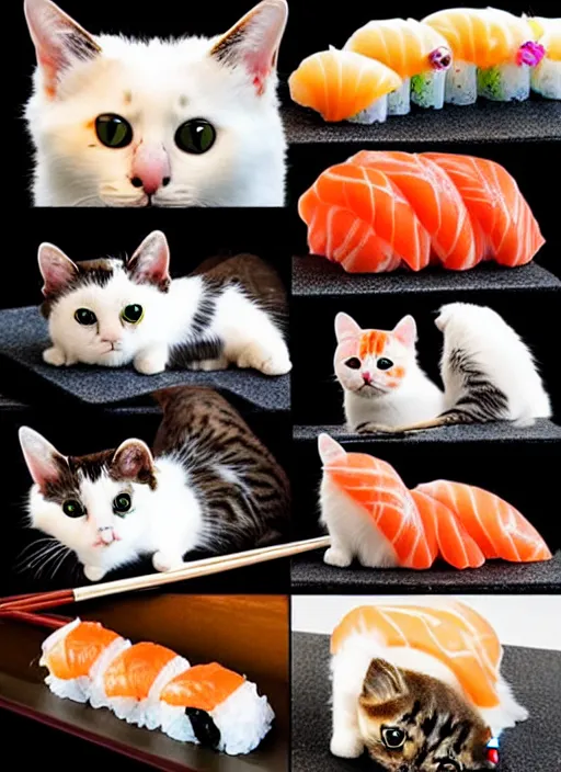 Image similar to clear photorealistic picture of adorable cats made out of sushi