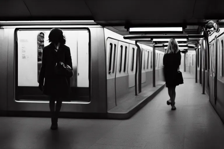 Prompt: girl in vr headset in a subway, richard avedon, tri - x pan, ominous lighting