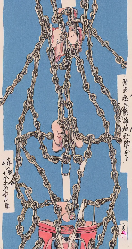 Prompt: a robot hanging by his feet in chains upside down peacefully, beautiful coloured Japanese ink painting inspired by the hanged man tarot card, soft lines