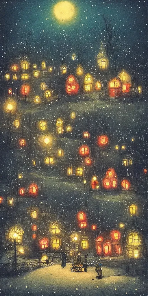 Image similar to a christmas night village scene by alexander jansson