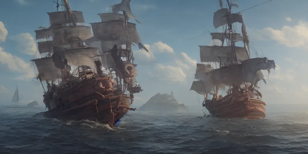 Prompt: a film still of pirate ship, medium shot, waist up, studio ghibli, pixar and disney animation, sharp, rendered in unreal engine 5, anime key art by greg rutkowski, bloom, dramatic lighting