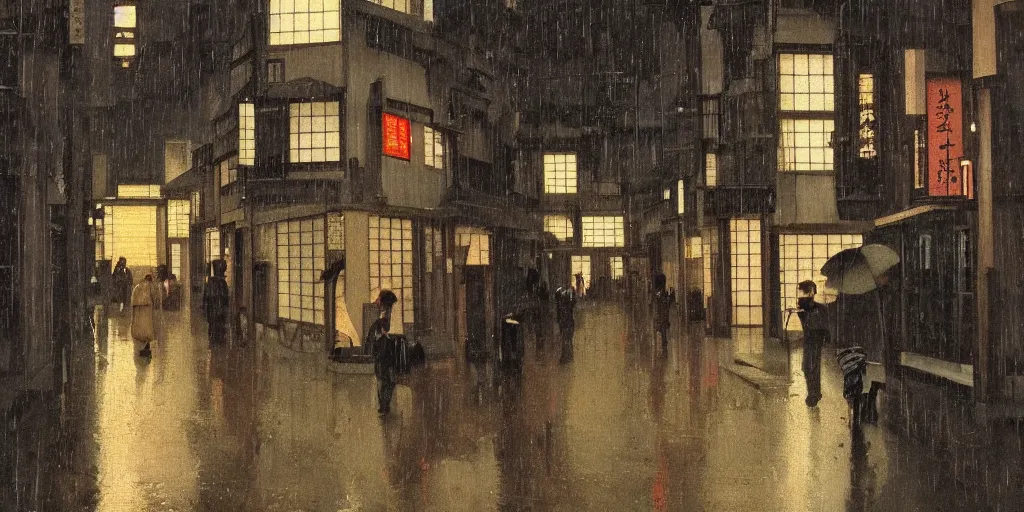 Image similar to a typical japanese city street in the rain, vermeer painting, dark academia aesthetic, matte painting