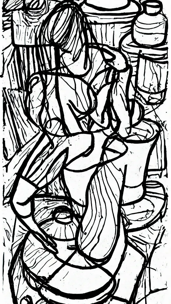 Image similar to simple abstract woman at pottery wheel, black and white, outline drawing, thin sharpie