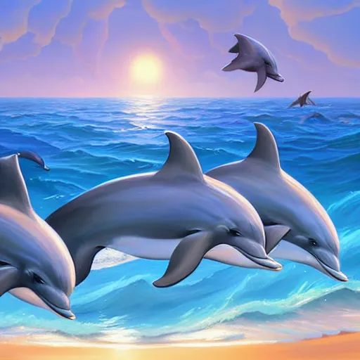 Prompt: a painting of a group of dolphins swimming in the ocean by rhads, deviantart contest winner, fantasy art, lovecraftian, 2 d game art, artstation hq.