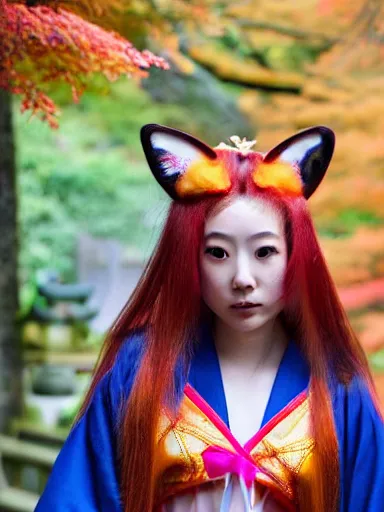 Image similar to full - color instagram photo of a cute young japanese girl cosplaying as a kitsune goddess doing a ritual dance in a windy inari shinto shrine in kyoto full of autumn leaves. she has fox - ears, a fox - tail, hands that are fox - paws, sharp fox - teeth, and a fox - nose. highly - detailed ; professional portrait photography.