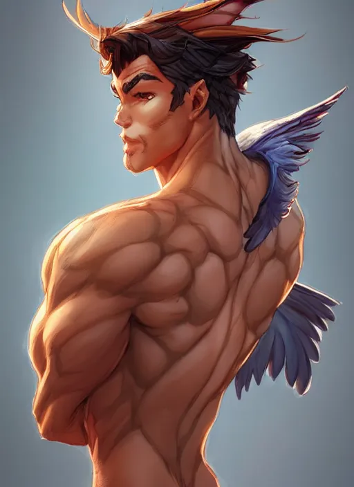 Image similar to character art by wlop, steve henderson, and j scott campbell, gooseman, male hero, goose head, wings, 4 k, arstation, trending, high quality, very detailed, digital