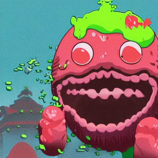 Image similar to a film still of slime monster made of beans attacking tokyo