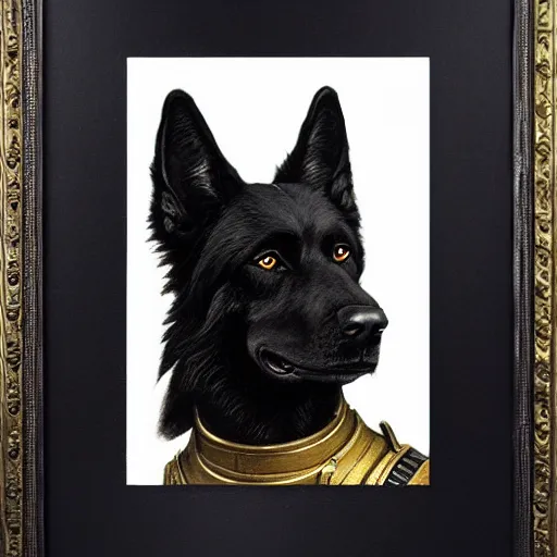 Image similar to a portrait of a black german shepard dog dogman canine star trek officer. highly detailed painting by gaston bussiere, craig mullins, j. c. leyendecker, furry