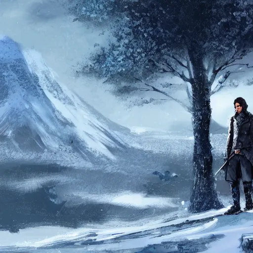 Image similar to john snow in an amazing and beautiful landscape, artstation