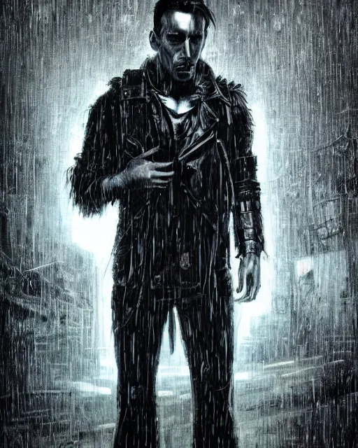 Image similar to An epic fantasy comic book style portrait painting of a very imposing Industrial goth Trent Reznor in the rain, wet hair, neon reflections, character design by Mark Ryden and Pixar and Hayao Miyazaki, unreal 5, DAZ, hyperrealistic, octane render, cosplay, RPG portrait, dynamic lighting, intricate detail, cinematic