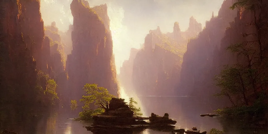 Image similar to lake in a canyon, midday, cinematic, albert bierstadt, greg rutkowski