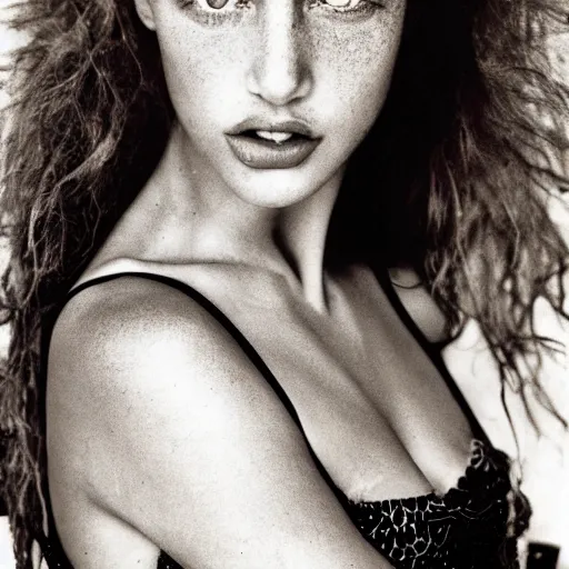 Image similar to a beautiful professional photograph by herb ritts and ellen von unwerth for vogue magazine of a beautiful lightly freckled and unusually attractive female fashion model looking at the camera in a flirtatious way, zeiss 5 0 mm f 1. 8 lens