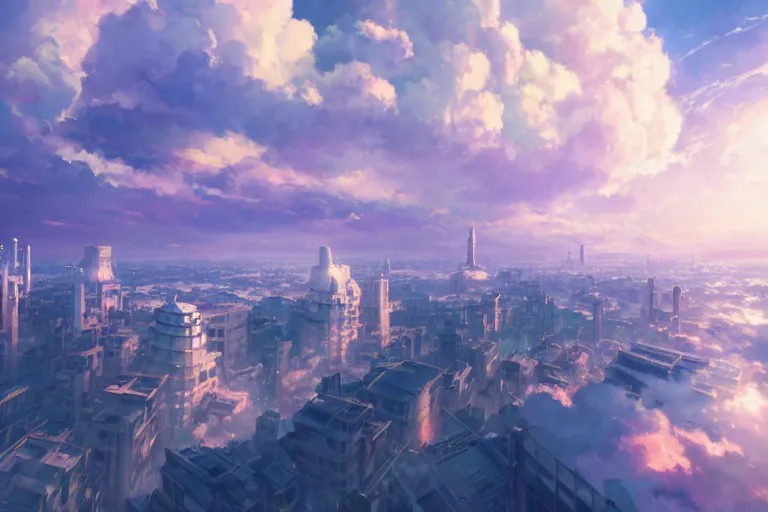 Image similar to ultra realistic city floating on clouds, colors, 8 k, hd, details, fantasy, epic, ancient city, illustration concept art anime key visual trending pixiv fanbox by wlop and greg rutkowski and makoto shinkai and studio ghibli and kyoto animation symmetrical facial features