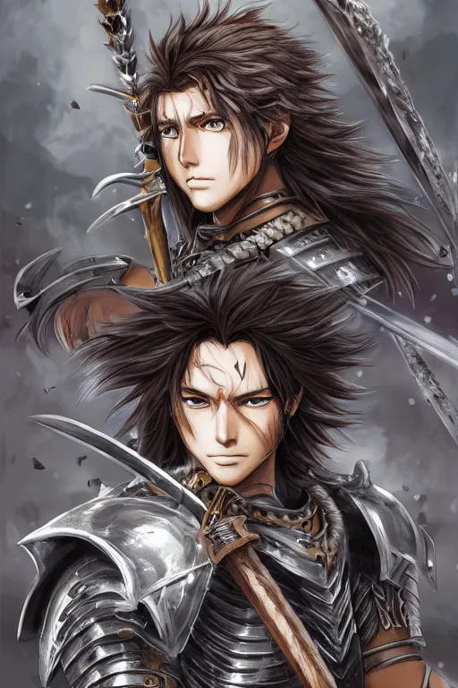 Image similar to A realistic anime portrait of a young handsome male barbarian with long wild hair, intricate fantasy spear, plated armor, D&D, dungeons and dragons, tabletop role playing game, rpg, jrpg, digital painting, by Yoshitaka Amano and Ayami Kojima and Akihiko Yoshida, digtial painting, trending on ArtStation, SFW version