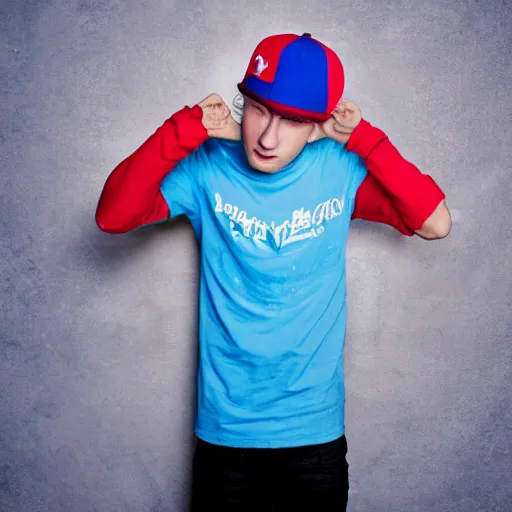 Prompt: a portrait of an american teenage boy with cyan colored hair, wearing a red backwards cap with a blue brim, white t - shirt with a red no symbol on it, blue long pants and red shoes, holding a microphone, studio lighting, photoshoot, grey backdrop