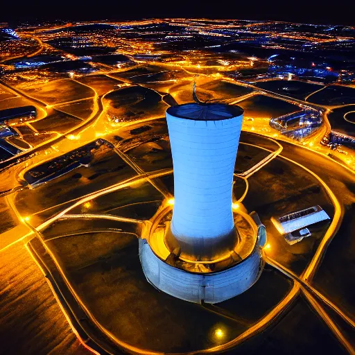 Image similar to photo of an upsidedown nuclear power plant at night birds eye view inception cinematic