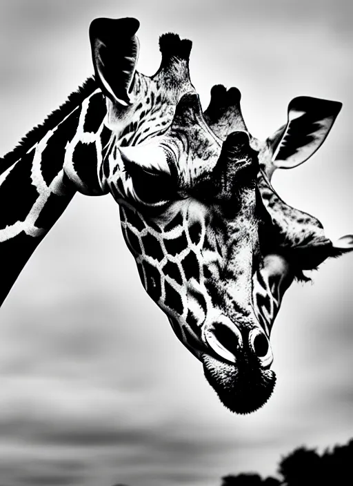 Image similar to two giraffe black and white portrait white sky in background