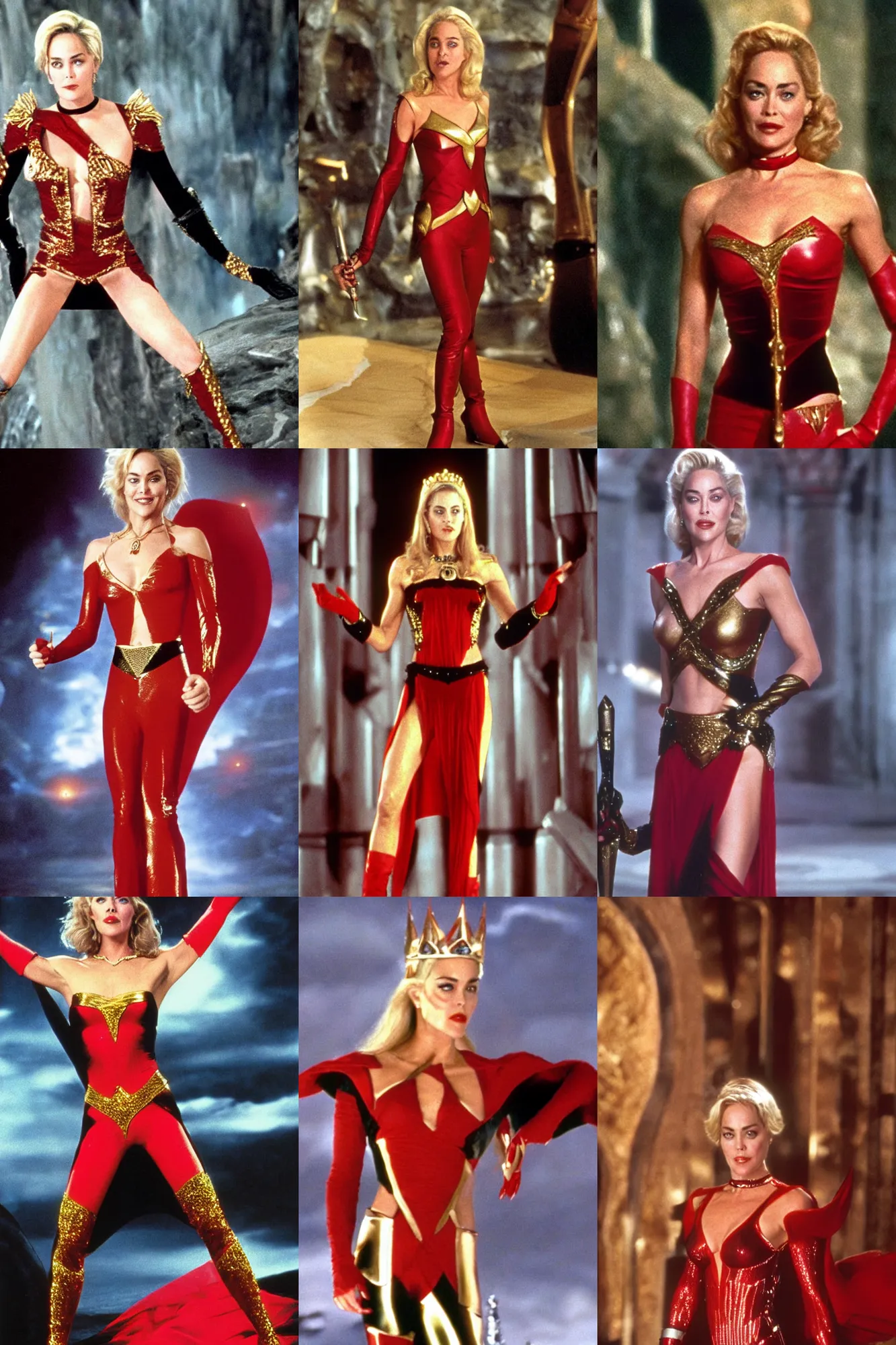 Prompt: Sharon Stone as Princess Aura in Flash Gordon 1980, Red Gold and Black outfit, film still