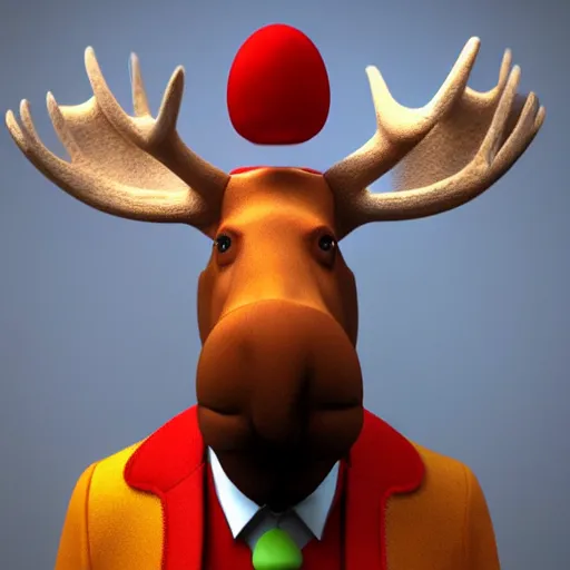 Image similar to a render of a moose dressed like a clown, a 3 d render by claire falkenstein, deviantart contest winner, rendered in cinema 4 d, daz 3 d, rendered in maya