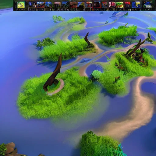 Prompt: a digital art piece of the contrasting radiant and dire sides of the map from dota 2, trees and river, beautiful, vibrant, 4 k, 8 k, maya, unreal engine, artstation