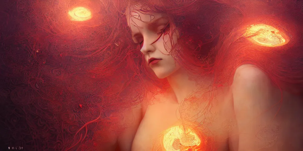 Image similar to ocean of canvas that catches liquid fire, intricate pearls, ornate ruby, magical, concept art, art nouveau, Reylia Slaby, Peter Gric, trending on artstation, volumetric lighting, CGsociety