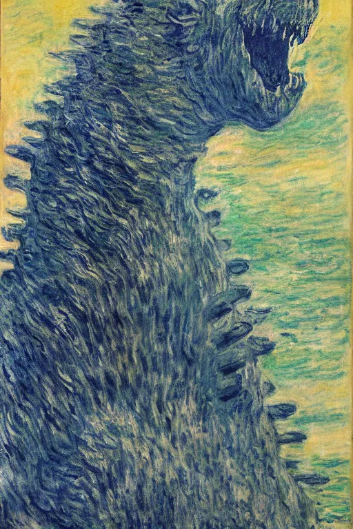 Image similar to portrait of shinzo abe face on Godzilla painting by claude monet