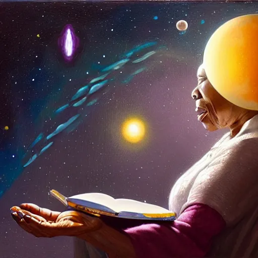 Image similar to an elder african psychic woman reading her crystal ball while holding a book of spells under a meteor shower, greg rutkowski and android jones and amanda sage, oil on canvas, 8k