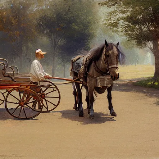 Image similar to a man pulling a cart, horse on cart, hyperrealism, no blur, 4 k resolution, ultra detailed, style of ron cobb, adolf hiremy - hirschl, syd mead, ismail inceoglu, rene margitte