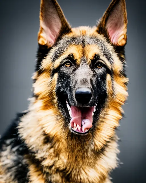 Image similar to An extremely scary studio photo of a snarling German Shepherd dog, bokeh, 90mm, f/1.4