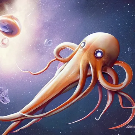 Prompt: giant squid floating in space, 8k, digital art, sci-fi, trending on artstation
